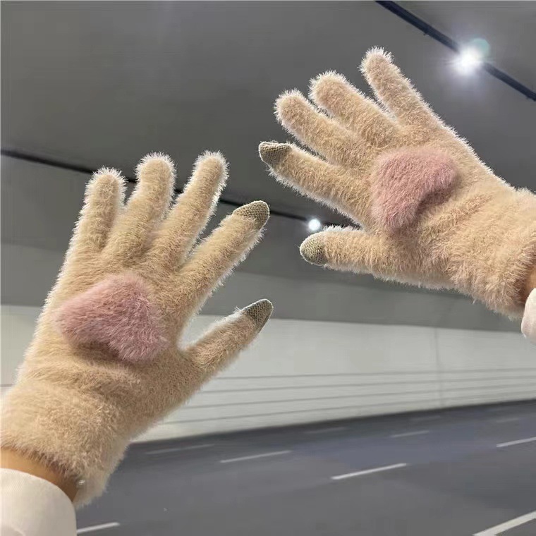 Guantes de peluche de otoño y invierno damas guantes de punto de peluche caliente antifría engrosado guantes lindos de dibujos animados al por mayor