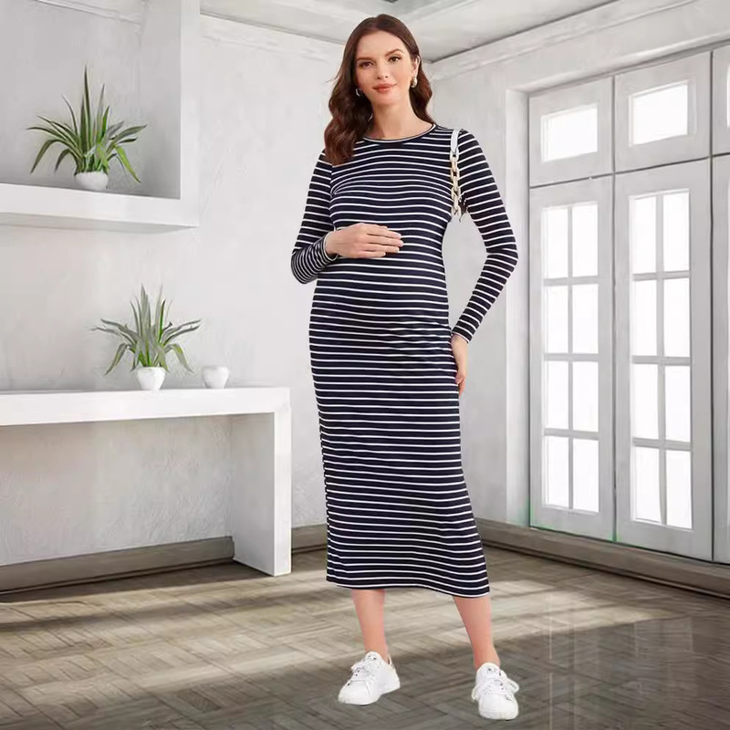 Factory Direct Sales in stock popular eBay Amazon European and American cross-border casual all-match long sleeve striped round neck maternity dress