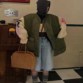 韩国chic秋冬新款复古蝴蝶结钩花针织拼接袖宽松大口袋棉服外套