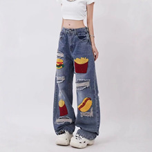2025夏季美式高级感水洗破洞牛仔裤女新款宽松美式复古阔腿裤潮流