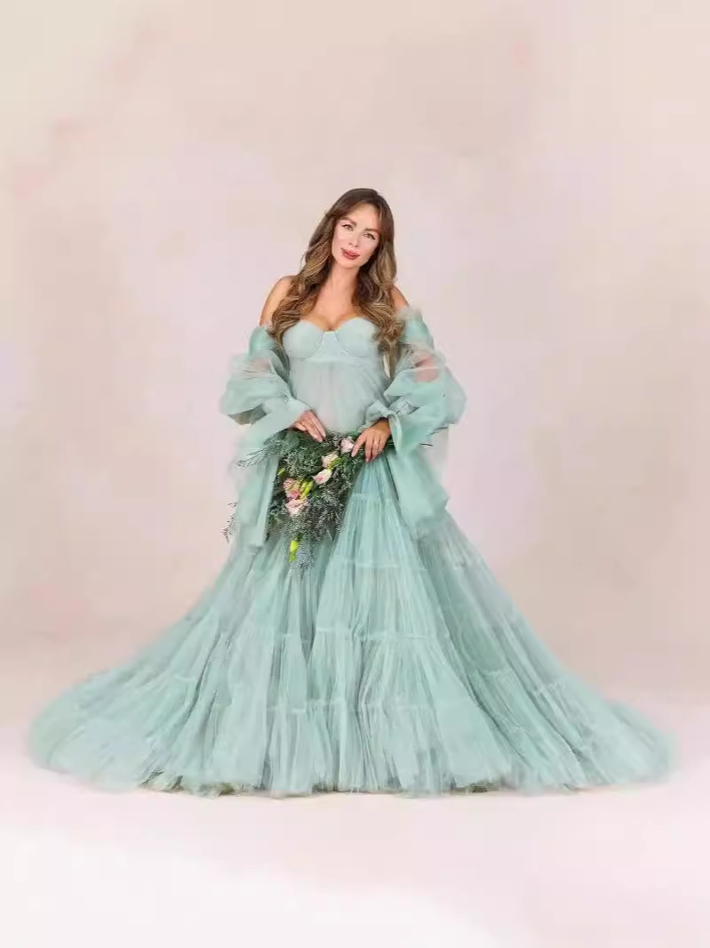 Nuevo cross-border caliente de tela de malla suave para fotos de mujeres embarazadas, vestido de mangas largas, falda de abdomen grande