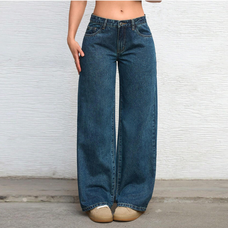 European and American Cross-Border Low-Waist Wide-Leg Jeans for Women All Seasons 2024 New Slim Floor-Length Straight Versatile Retro American Style
