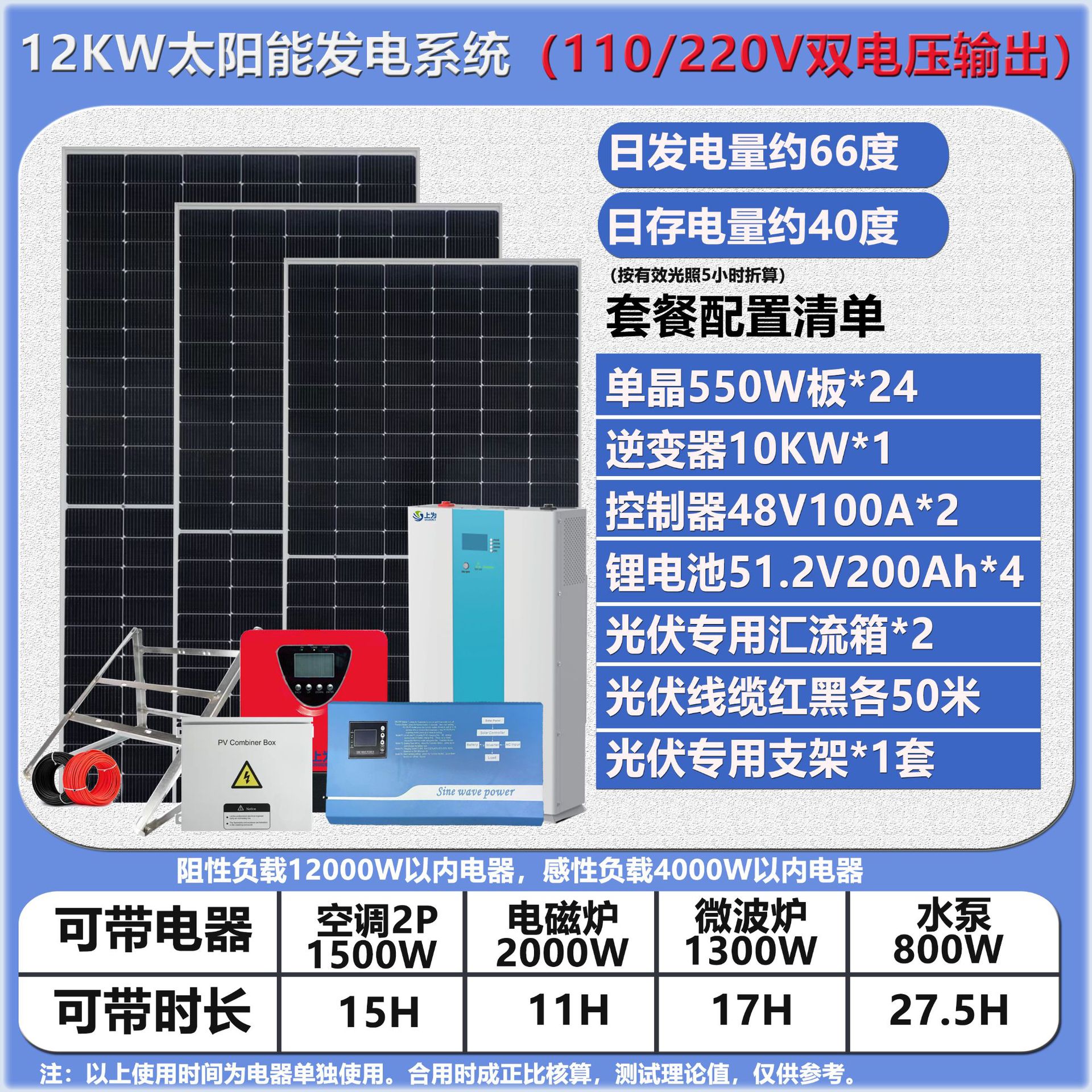 太阳能发电系统12KW10KW48V转110V工频逆变家用全套离网储能40KWH