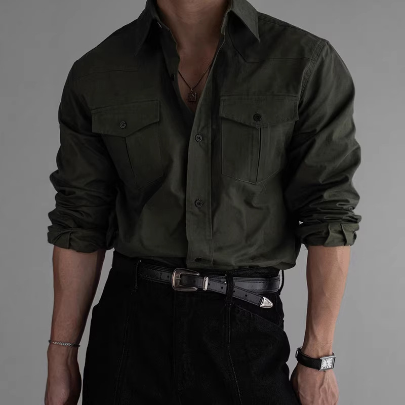 Tough Guy Style Black Lapel Collar Men's Shirt Jacket Autumn New Double Pocket Long Sleeve Work Shirt Trendy Dropshipping Tough Guy Style Black Lapel Collar Men's Shirt Jacket Autumn New Double Pocket Long Sleeve Work Shirt Trendy Dropshipping