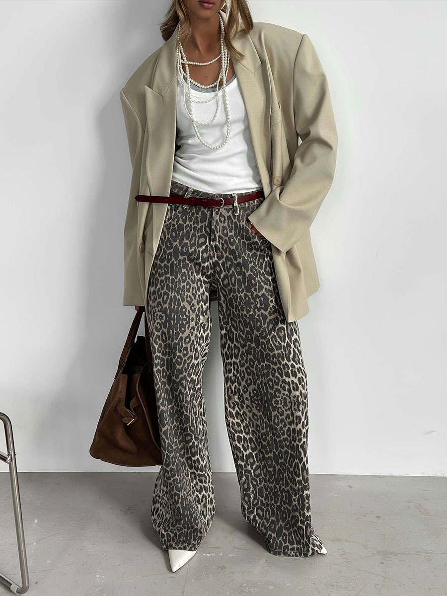 Pantalones de piernas anchas estampados de leopardo transfronterizos Europa y los Estados Unidos 2025 primavera y verano nuevo Y2K relajado y casual estampado de leopardo estampado pantalones de piernas anchas estampados