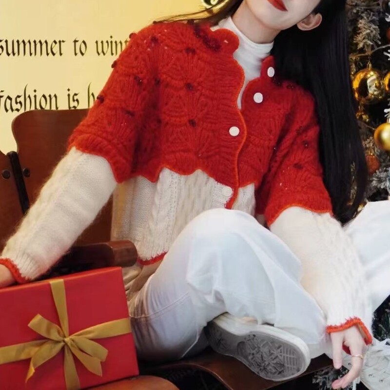 Early Spring 2025 New Year Red Sweater Coat French Retro Design Colorblock Knitted Top