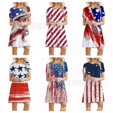 美国独立日国旗夏季宽松圆领短袖大码连衣裙大摆女裙3D数码印花服