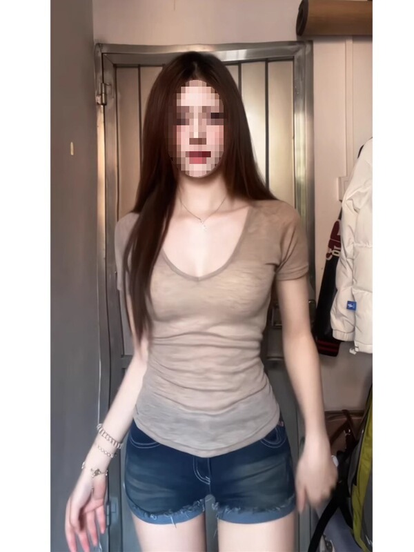 1*1 Tencel Cashmere Sexy Pure Color V-Neck Figure-Showing Short-Sleeved T-Shirt Slim Right Shoulder Slightly See-Through Summer Korean Style Thin Style