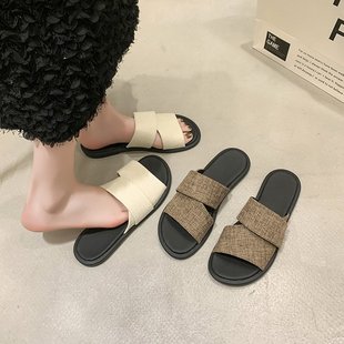 Spring and Summer Flat Casual All-match One-word Sandals Women's Shoes Slippers Outdoor Linen Soft Sole Lightweight Internet Trendy
