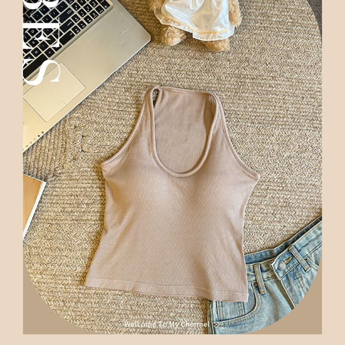 Verano nuevo colgante chaleco con cojín de pecho integrado delgado universal delgado cuello U hermosa camisa de espalda mujer