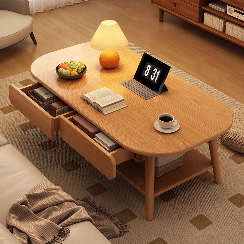 Coffee Table for Living Room, Small Apartment, Natural Wood Style, Sofa Tea Table, 2026 New Model, Simple Design with Drawers, Solid Wood Legs, Small Table