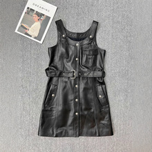25早秋新款真皮连衣裙女束腰带显瘦单排扣无袖背心裙绵羊皮吊带裙