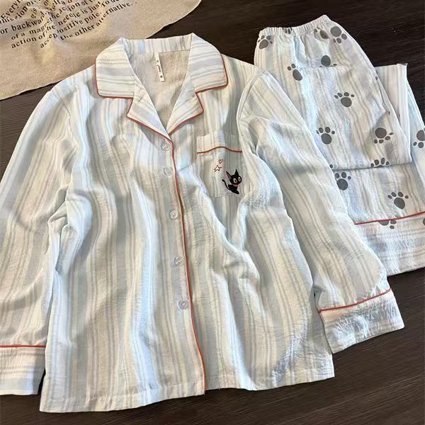 新款复古式豹纹Kitty猫睡衣女春秋季长袖长裤ins风套装少女家居服|undefined