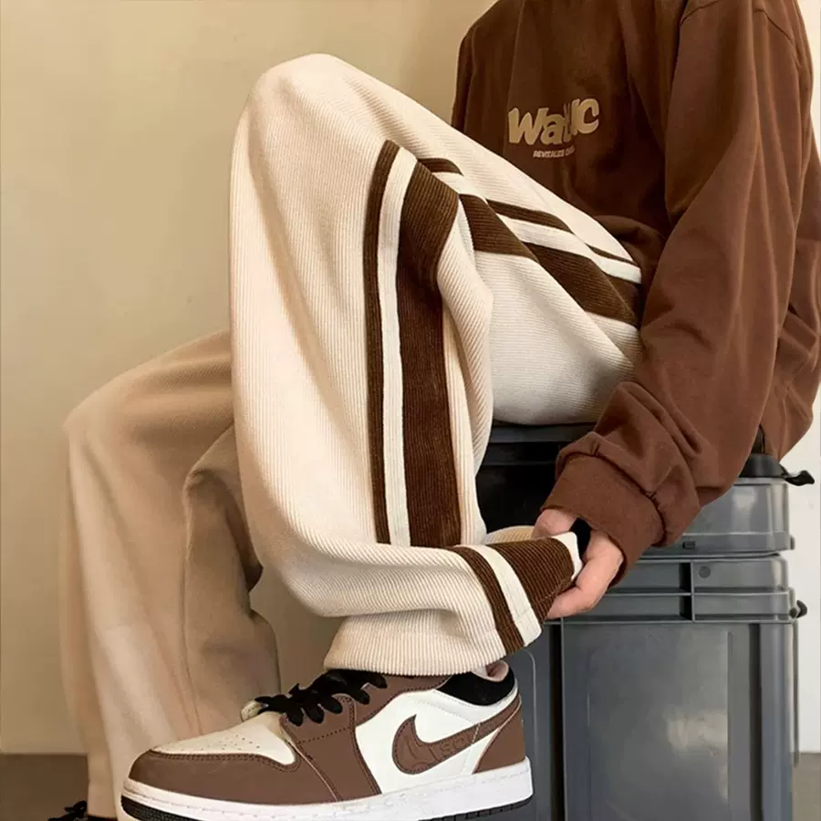 OOTD跨境灯芯绒拼接直筒裤男士秋冬百搭休闲运动户外潮流休闲长裤