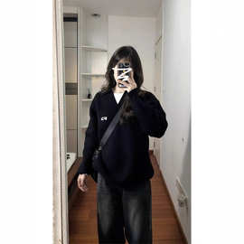 韩系黑色polo领慵懒风宽松毛衣秋季女款2025新款高级感针织衫上衣