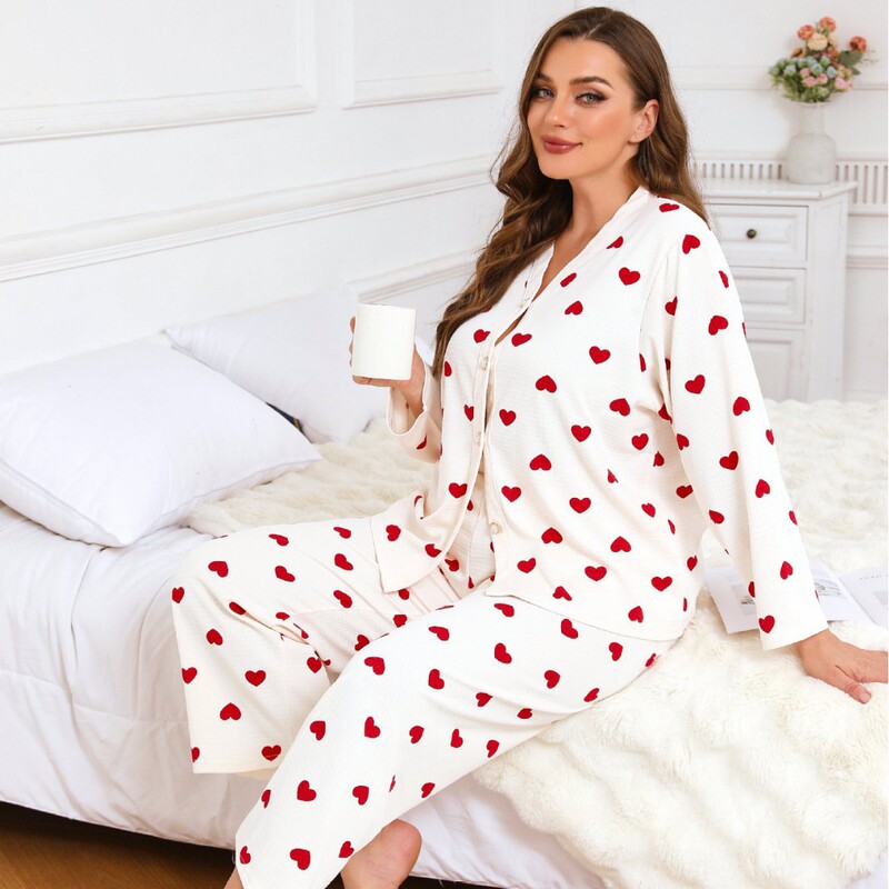 European and American Cross-border Fat Woman plus size Pajamas Women's Long-sleeved Trousers Love Printed Comfortable Loose Casual Home Clothes suit