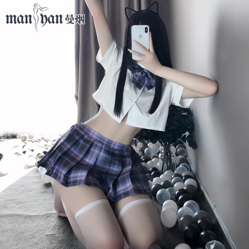 Manyan sexy lingerie sexy split student outfit JK uniform top plaid pleated skirt suit 9940