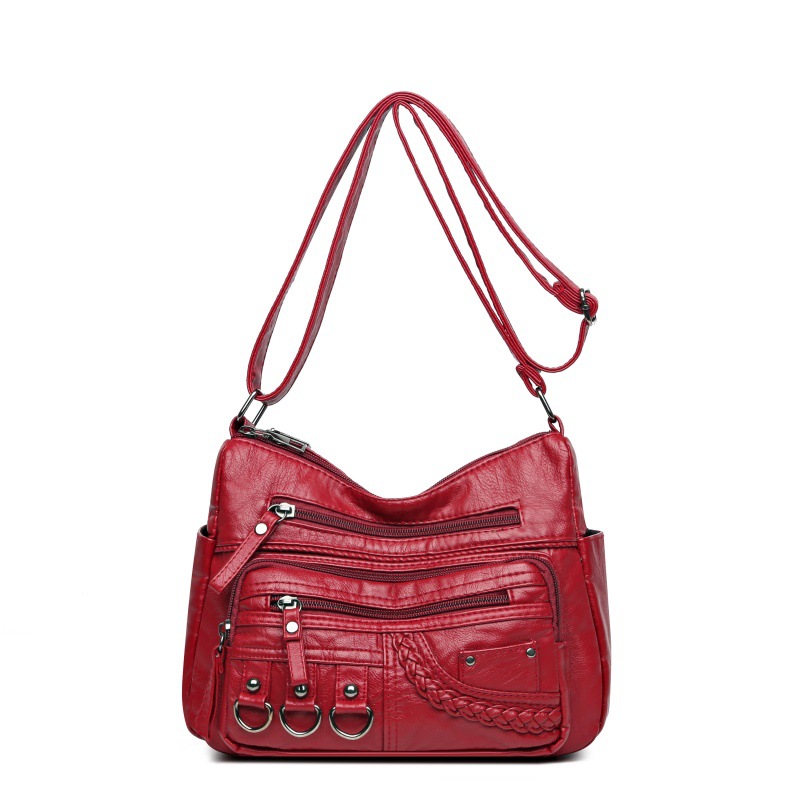 Comercio exterior nuevo bolso de las mujeres lavado suave de cuero con textura bolso de hombro de gran capacidad Multi-Bolsillo europeo y americano hombro bolsa de mensajero