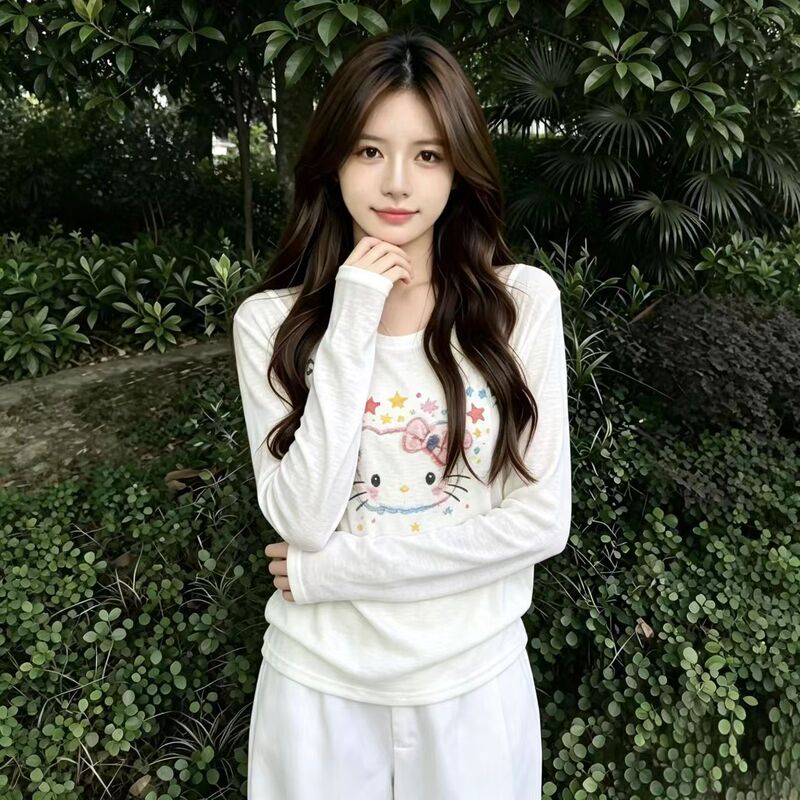 Korean-style gentle watercolor Hello Kitty sheer long-sleeve T-shirt for women, loose, lightweight, sun-protective, and suitable as an undershirt for air-conditioned environments