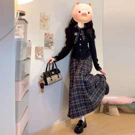 韩系学院风黑色拼接格纹连衣裙少女秋季中学生假两件甜妹过膝长裙