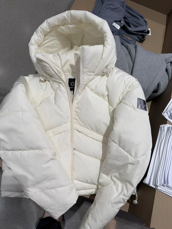 alo冬季立领连帽短款羽绒服女保暖假两件双层拉链抽绳白鸭绒外套|undefined