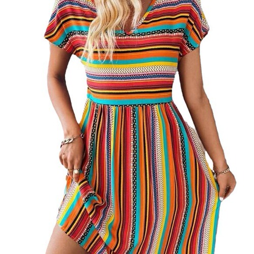 Summer European and American Women's Clothing Color Striped Batwing Sleeve Dress for Independent Websites