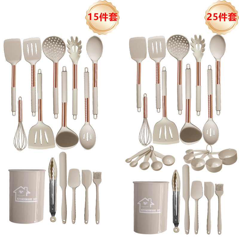 Cuchara de sopa de espátula de silicona transfronteriza Juego de 25 piezas Pala de silicona de oro rosa sartén antiadherente blanca lechosa Juego de utensilios de cocina de silicona al por mayor