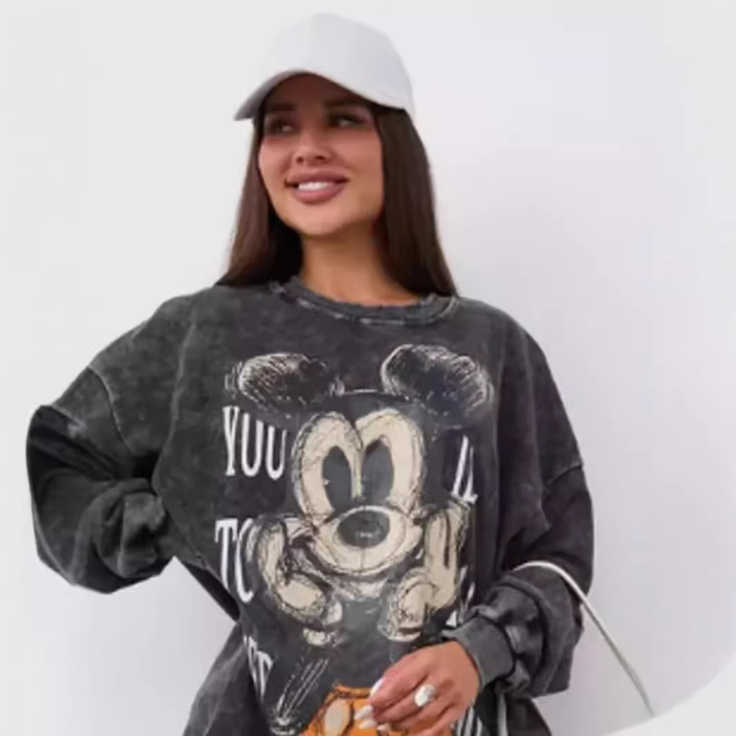 2025 New American Retro Distressed Washed Black Fun Printed Cotton Long-Sleeved Drawstring T-Shirt Versatile Top for Women