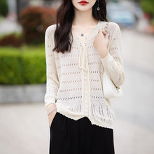 法式温柔风纯棉抽绳V领针织衫女宽松春夏季新款纯色镂空长袖上衣