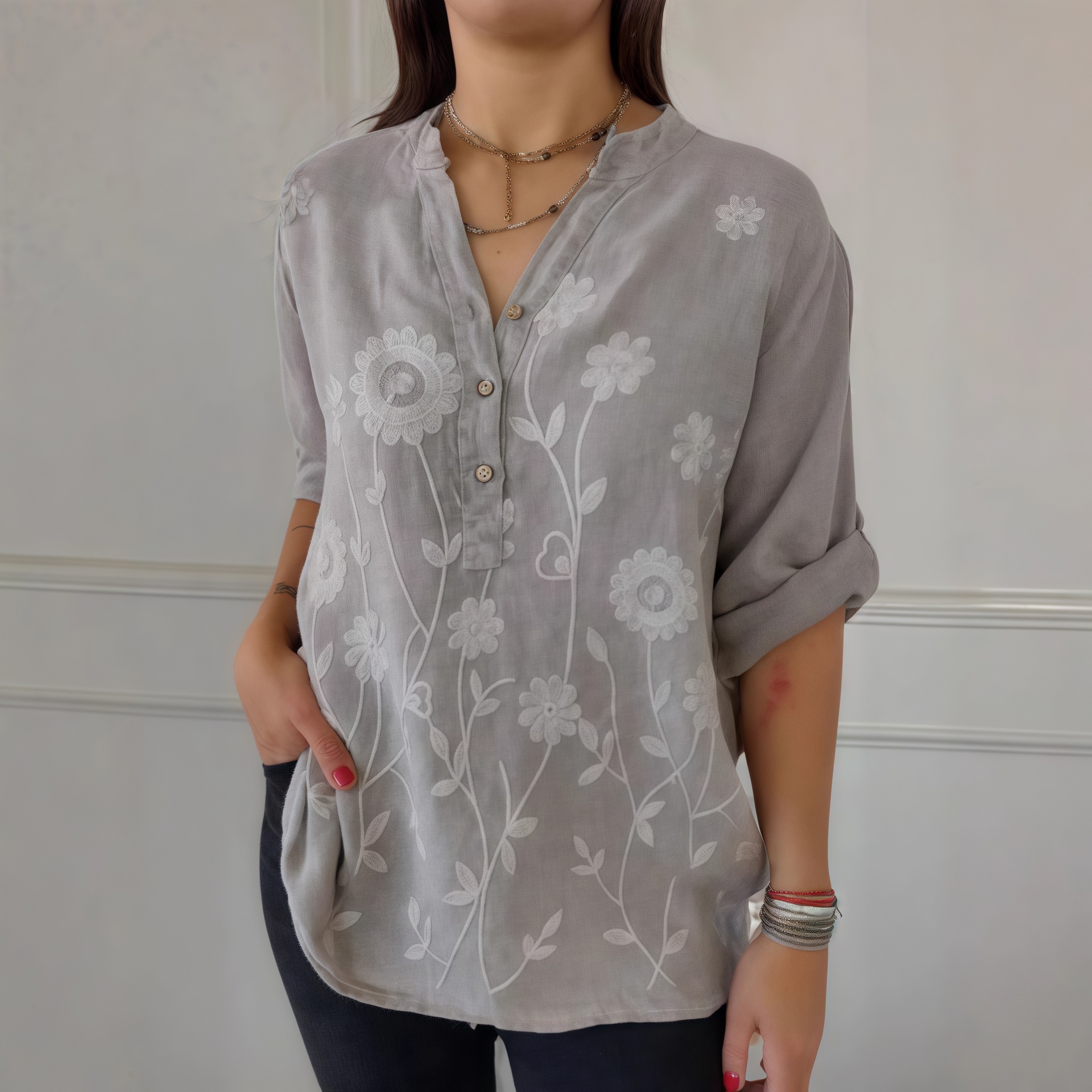 Women's Lace Embroidered V Neck Button Shirt Casual Elegant Fashion Blouse for Autumn Export Independent Website Europe & America_ecoleips.com
