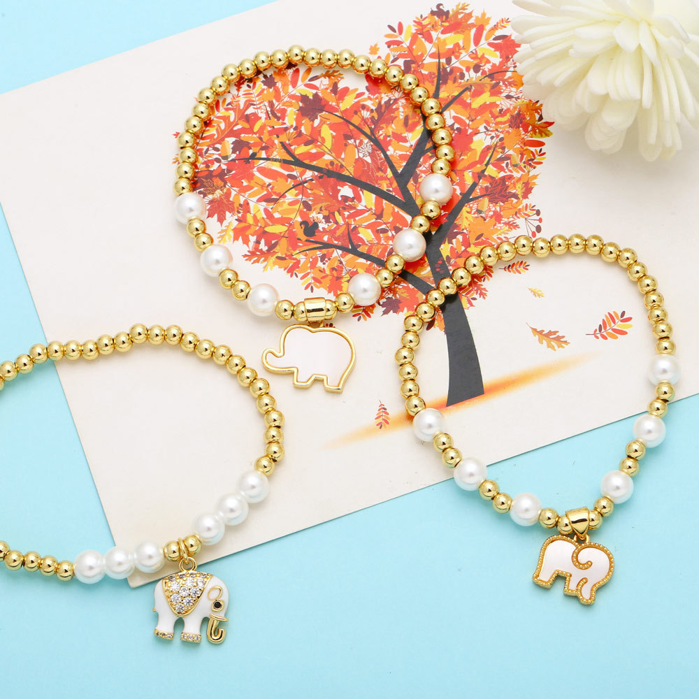 Fashion Elephant Copper Enamel Pearl Inlay Zircon Bracelets 1 Piece