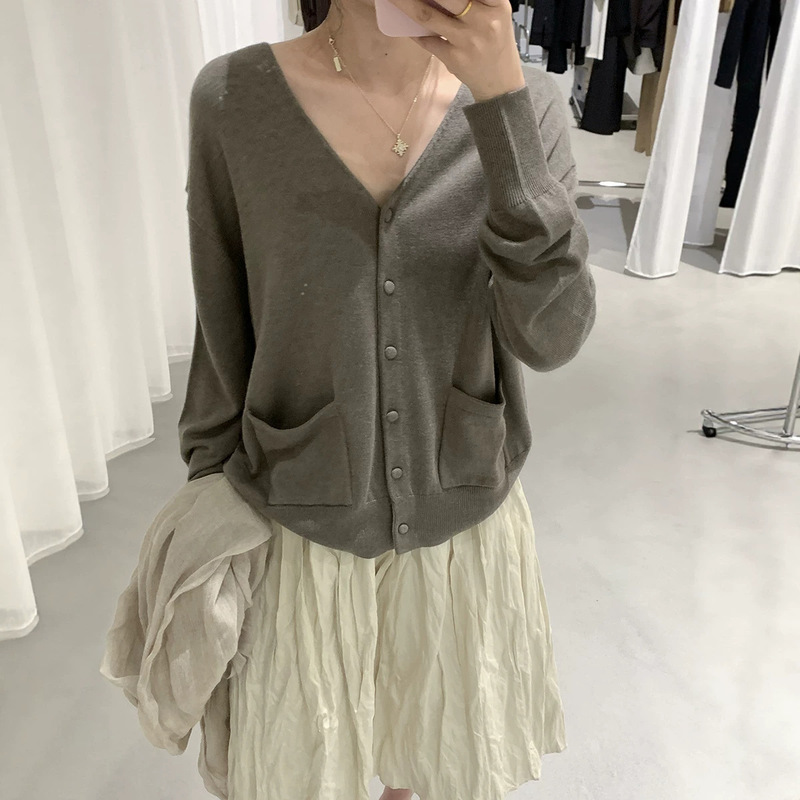 Love and Nancy 13th Street 2026 Autumn Korean Style Casual V-neck Ribbed Cuffed Pocket Cardigan Sweater for Women 04952