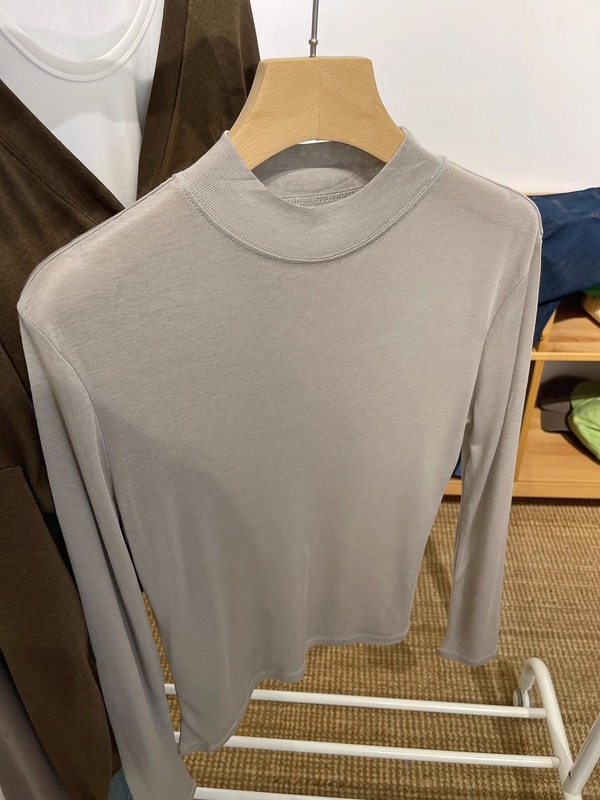 テンセルウールマスクTシャツレディース初秋薄手長袖右肩トップス白インナーハーフタートルネックボトリングシャツ|undefined
