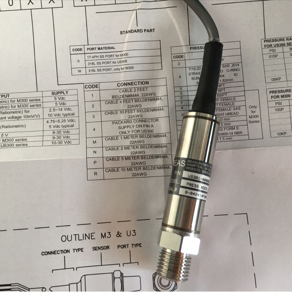 供应现货TE MEAS公司US38系列压力传感器（US381-000002-001BA）