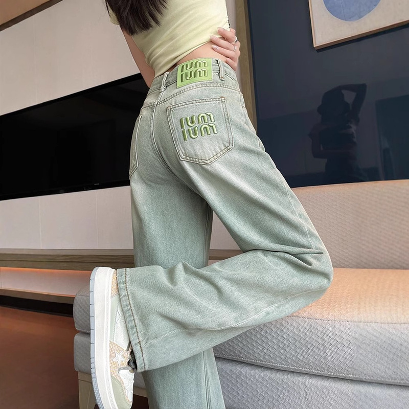 Mint Mambo Light-Colored Wide-Leg Jeans for Women Summer Thin Embroidered High-Waisted Loose Slimming Large Size Straight Pants