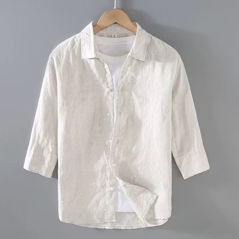 Beach Breathable White Long-Sleeved Linen Shirt for Men, Casual Thin Slim Fit Youth Loose Sun Protection Linen Shirt