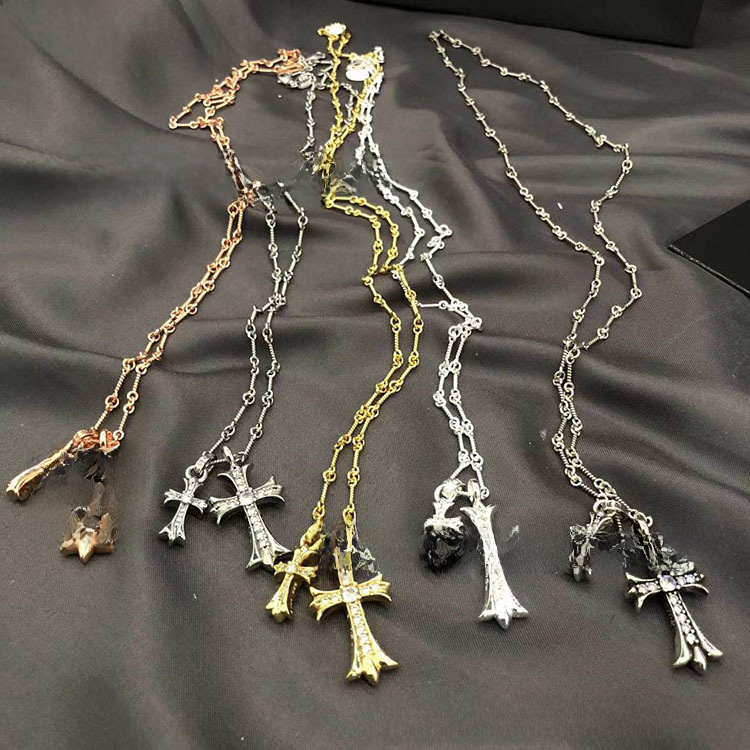 thumbnail for Croix New Full Diamond Double Cross Necklace Retro Pendant Tiktok Explosions Jewelry Men\&#039;s and Women\&#039;s Couple Festival Bamboo Chain
