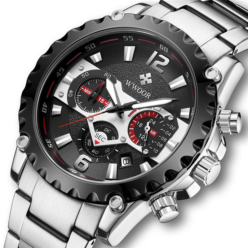WWOOR hold Love 8880 reloj de cuarzo de correa de acero inoxidable para hombre reloj de pulsera de código de sincronización de calendario multifunción de seis pines