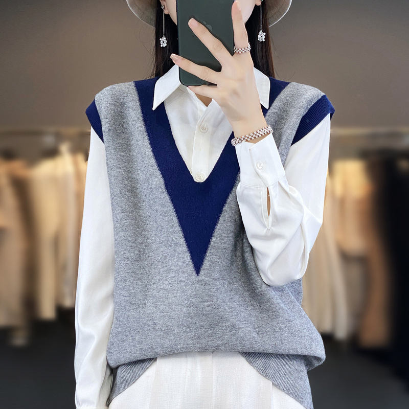 Otoño e Invierno de las nuevas mujeres de punto chaleco de lana suéter chaleco v contraste color suelta estilo coreano fábrica al por mayor image 3
