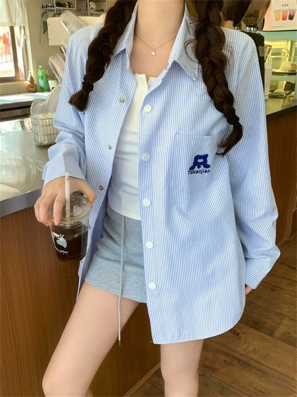 美式复古黄色条纹Polo领衬衫外套女春秋宽松休闲开衫慵懒衬衣上衣|undefined