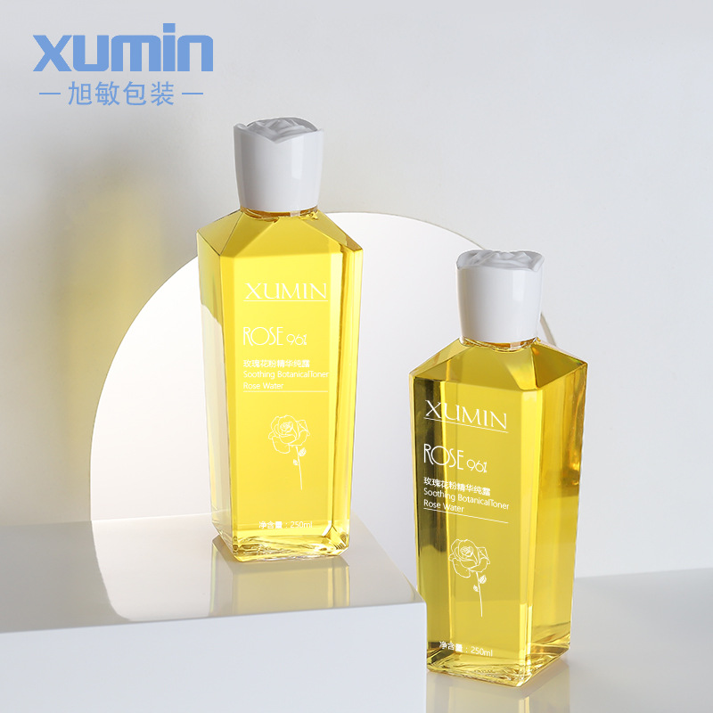 Xumin embalaje 250ml botella de tóner transparente cuadrado Rosa Blanca tapa giratoria botella de rocío puro PETG removedor de maquillaje botella de agua