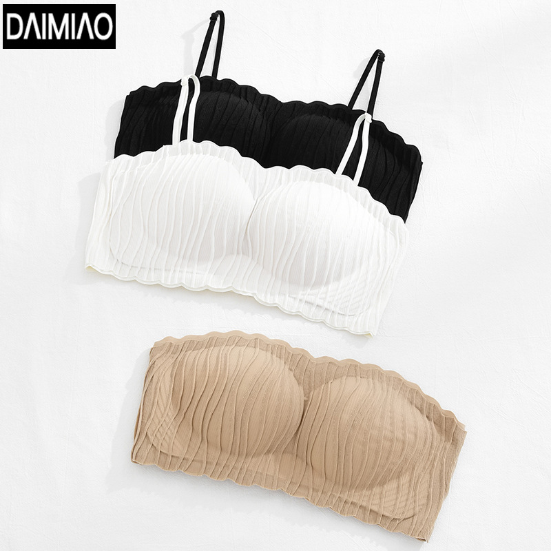 New Ice Silk Strapless Underwear Women's Seamless Bra No Wires Gathered Non-Slip Bottoming Wave Pattern Bra Thin