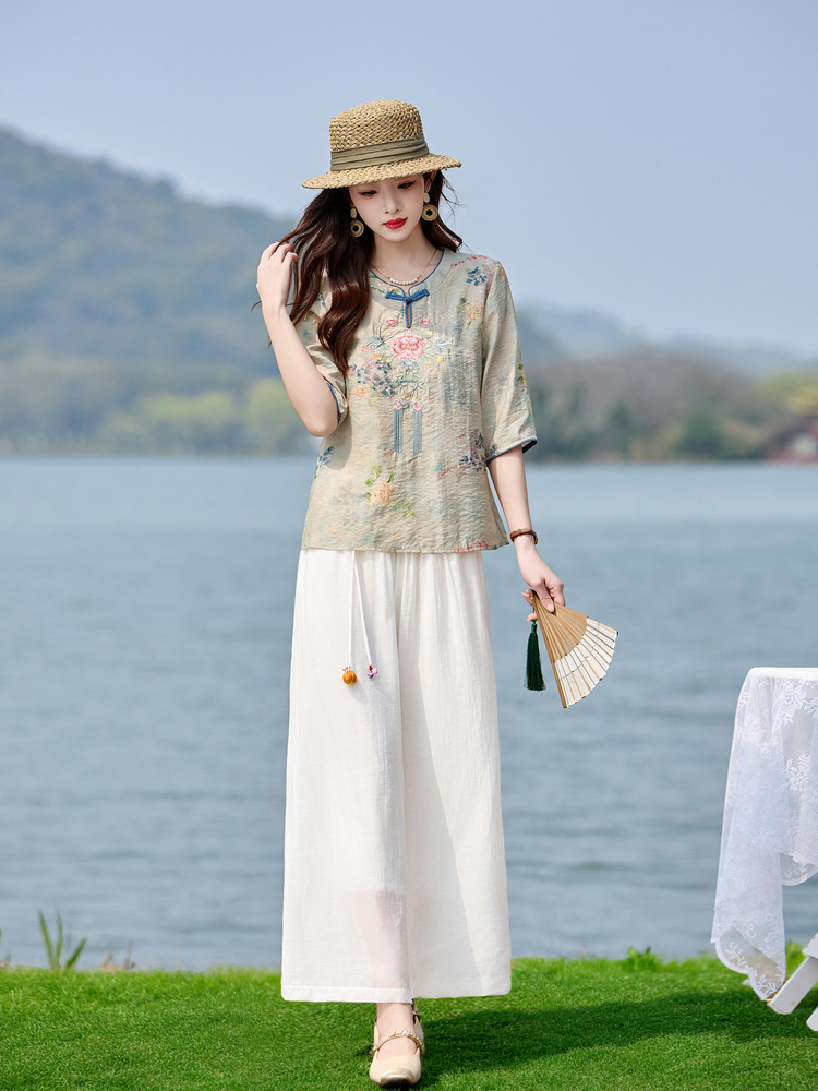 Bộ quần áo nữ hai mảnh sơ mi thêu họa tiết quốc phong kết hợp quần ống đứng MM6617 — xanh lam, Màu hồng