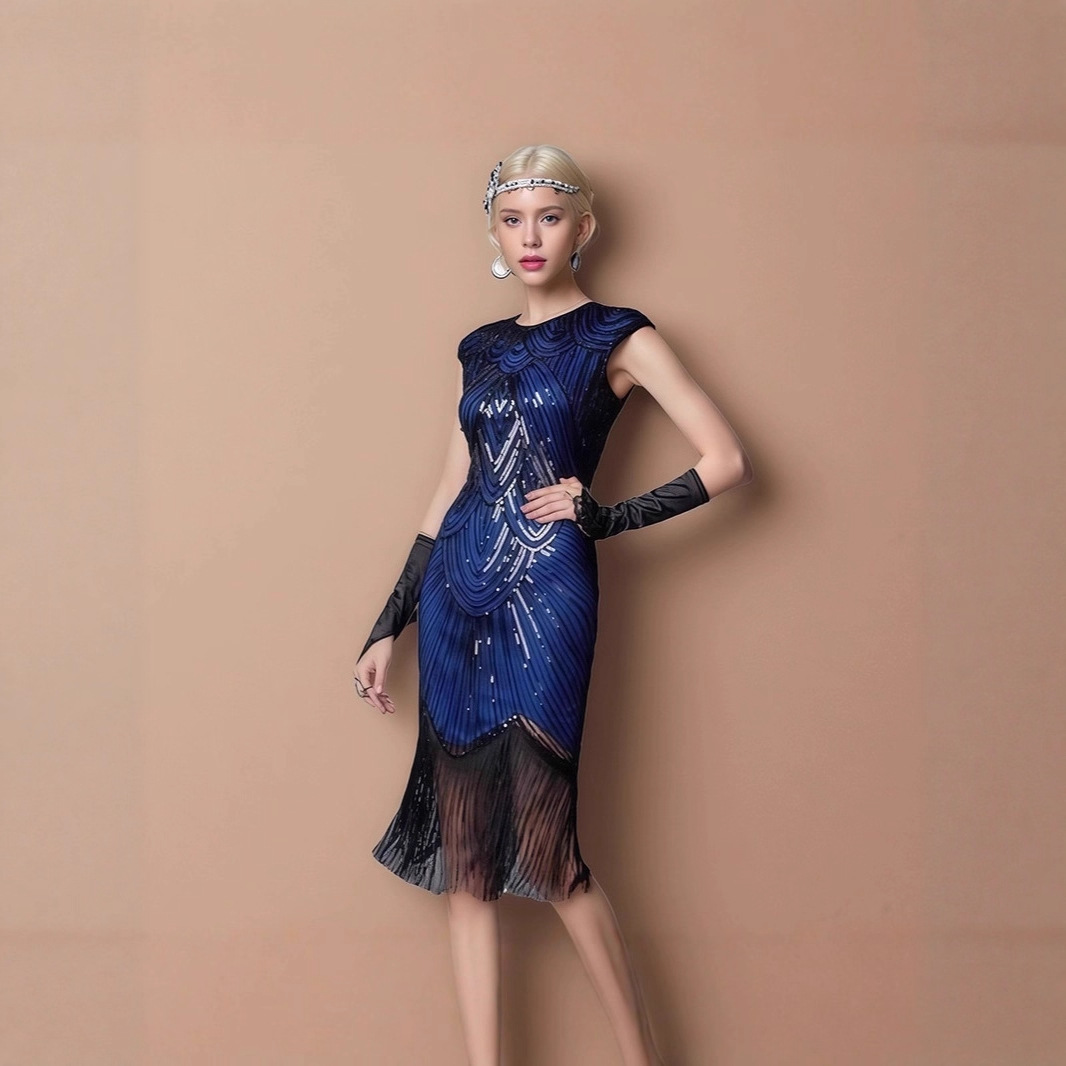 Retro Sequin Tassel Evening Dress Banquet Party 1920S Sleeveless Dress European and American Cross-Border Amazon High Waist