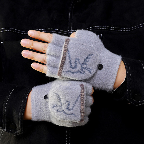冬季男士翻盖俩用手套成人针织半指保暖加厚手套户外防冻批发