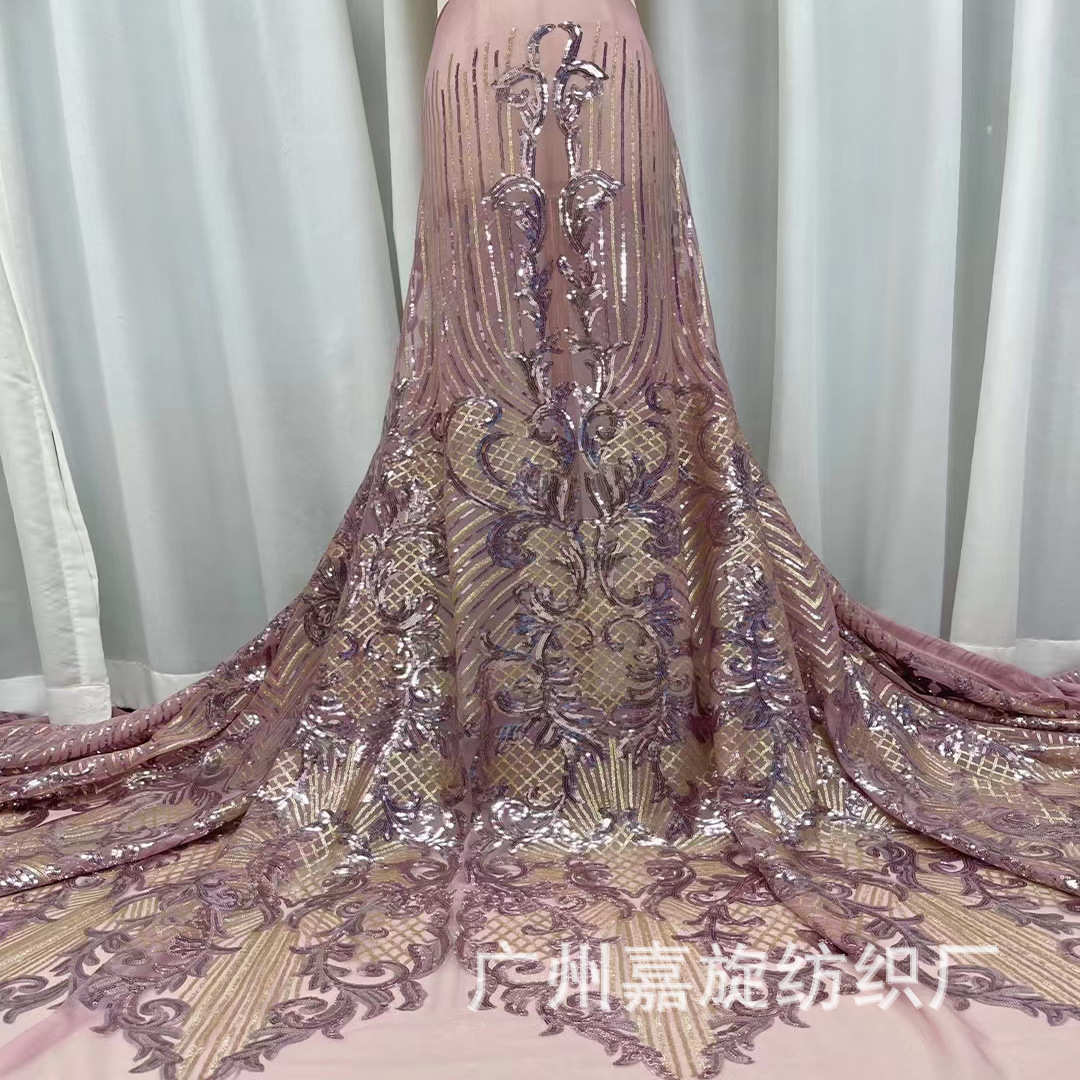 Lentejuelas tela de encaje africano europeo y americano vestido de novia moda bordado tela de encaje de lentejuelas JX1296