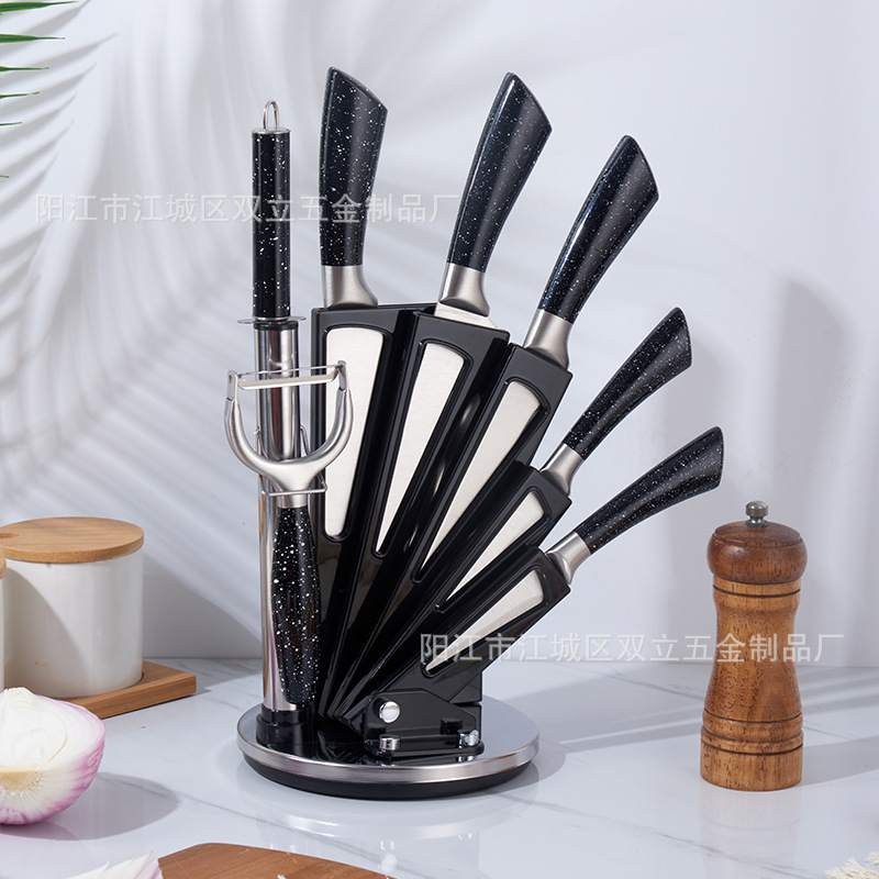 Suministro directo de fábrica traje de cuchillo de cocina de acero inoxidable de 8 piezas soporte de cuchillo giratorio de acrílico pintura en aerosol lote
