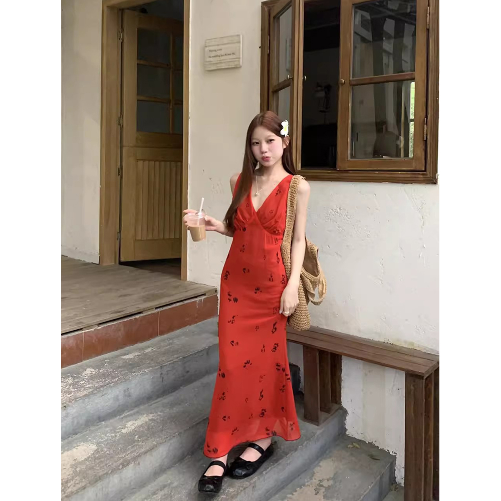 Retro red shiffon summer elegant dress