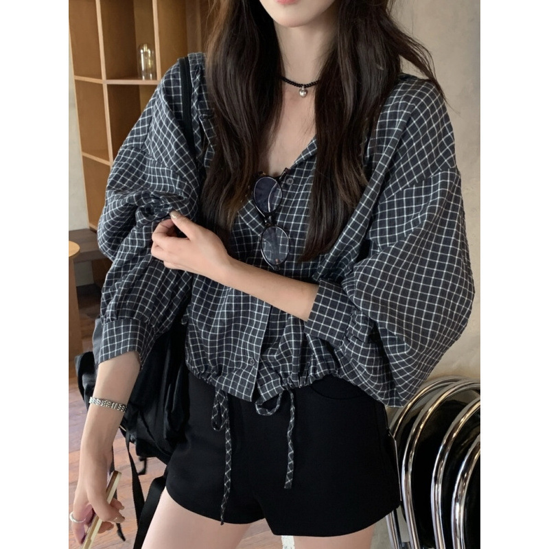 Lazy Style Contrasting Color Hooded Plaid Shirt Short Jacket for Women