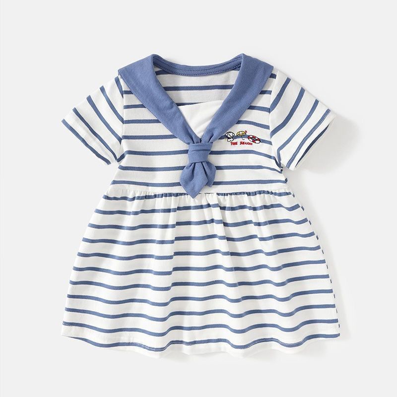 Girls Summer Dress Baby Fashionable Kidsren's Stylish Trendy Navy Style Stripesd Cartoon Embroidered Letter Princess Dress